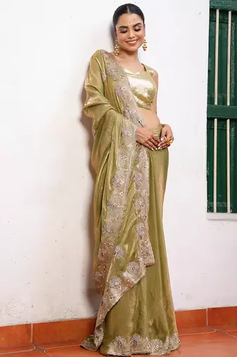 pista embroidery work tissue ceremonial saree