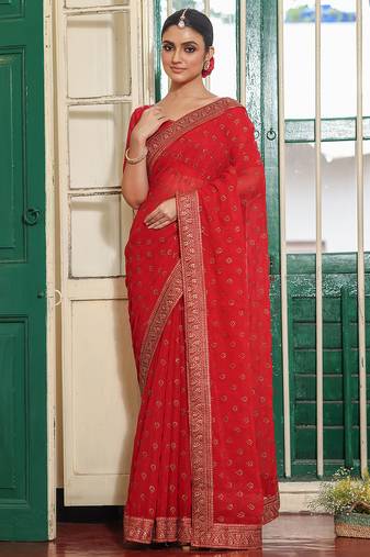 maroon color embroidery work chiffon fabric beautiful ceremonial saree