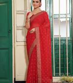 maroon color embroidery work chiffon fabric beautiful ceremonial saree