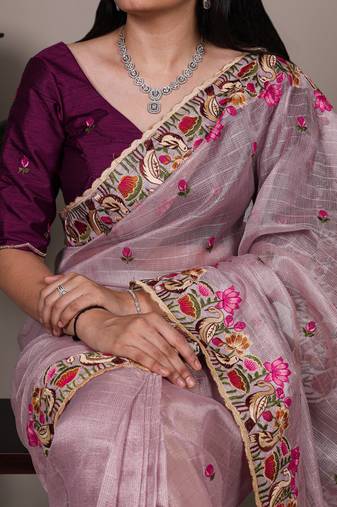 exquisite zari kota tissue saree with elegant thread embroidery