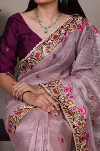 exquisite zari kota tissue saree with elegant thread embroidery