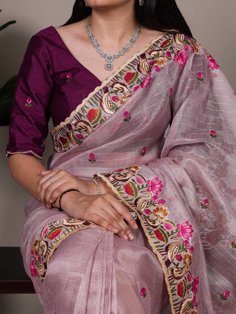 exquisite zari kota tissue saree with elegant thread embroidery