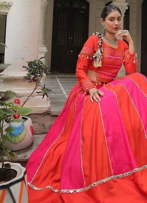 Orange silk blend Mirror Work Lehenga Embroidered Blouse 2