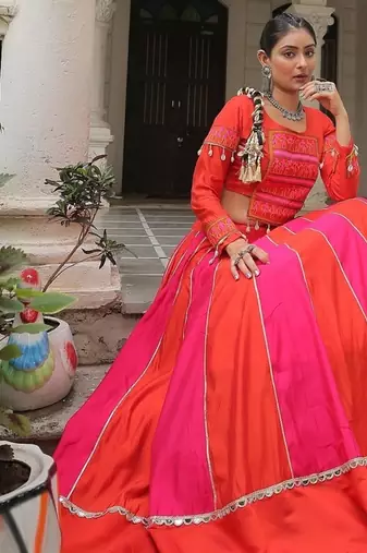 Orange Color silk blend Mirror Work Lehenga Embroidered Blouse