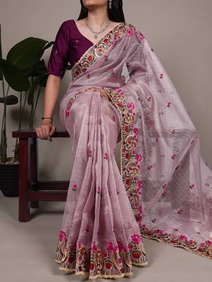 exquisite zari kota tissue saree with elegant thread embroidery 2