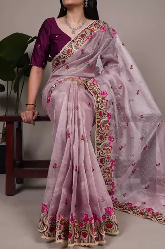 exquisite zari kota tissue saree with elegant thread embroidery