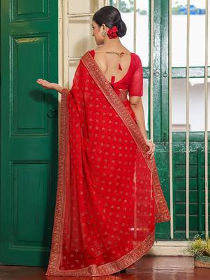 maroon embroidery work chiffon ceremonial saree 2