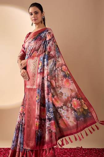 deep wine rose lichi silk blend saree with floral digital prints & zari border | matching satin silk blend blouse