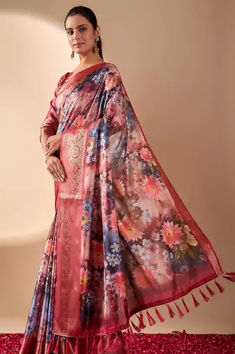 deep wine rose lichi silk blend saree with floral digital prints & zari border | matching satin silk blend blouse