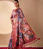 deep wine rose lichi silk blend saree with floral digital prints & zari border | matching satin silk blend blouse