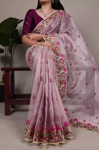 exquisite zari kota tissue saree with elegant thread embroidery