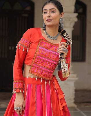 Orange silk blend Mirror Work Lehenga Embroidered Blouse 3