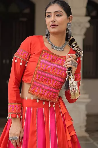 Orange Color silk blend Mirror Work Lehenga Embroidered Blouse