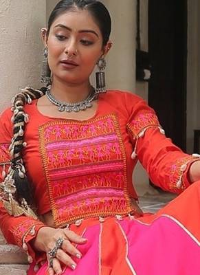 Orange silk blend Mirror Work Lehenga Embroidered Blouse 4