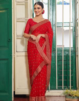 maroon embroidery work chiffon ceremonial saree 4