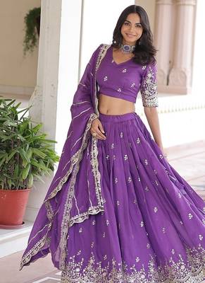 Purple Vichitra silk blend Sequins Zari Multi Embroidered Lehenga Choli With Dupatta 1
