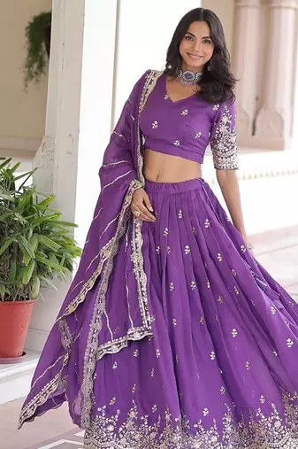 Purple Color Vichitra Silk Sequins Zari Multi Embroidered Lehenga Choli With Dupatta