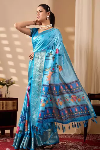 Serene sky blue lichi silk saree with lotus digital prints & golden zari border | matching contrast satin silk blouse