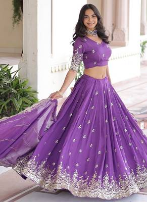 Purple Vichitra silk blend Sequins Zari Multi Embroidered Lehenga Choli With Dupatta 2