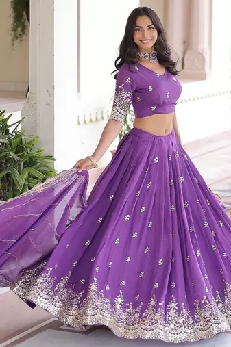 Purple Color Vichitra silk blend Sequins Zari Multi Embroidered Lehenga Choli With Dupatta