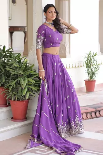 Purple Color Vichitra silk blend Sequins Zari Multi Embroidered Lehenga Choli With Dupatta