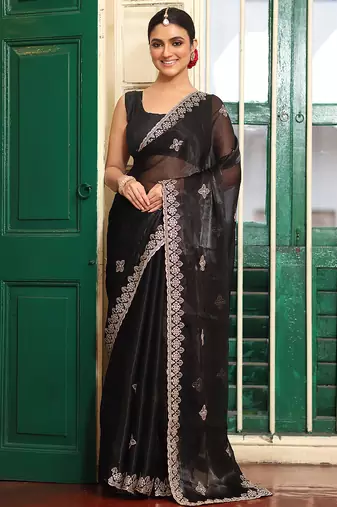 black color embroidery work organza fabric beautiful ceremonial saree