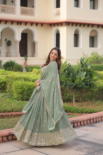 Pista Color Faux Georgette Sequins Zari Multi Embroidered Lehenga Choli With Dupatta