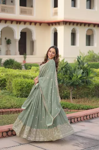 Pista Color Faux Georgette Sequins Zari Multi Embroidered Lehenga Choli With Dupatta