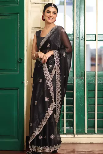 black embroidery work organza ceremonial saree