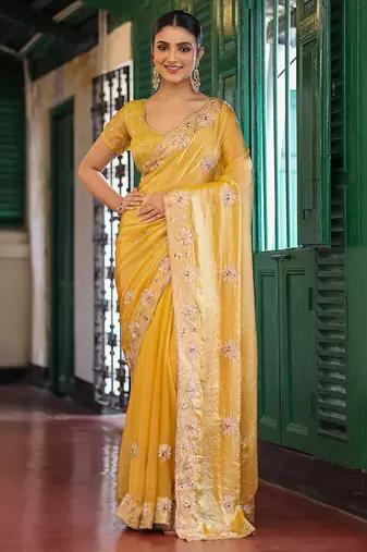 yellow color embroidery work tissue fabric beautiful ceremonial saree