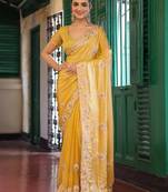 yellow color embroidery work tissue fabric beautiful ceremonial saree