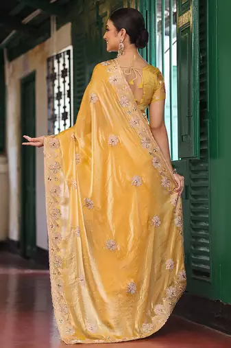 yellow embroidery work tissue ceremonial saree