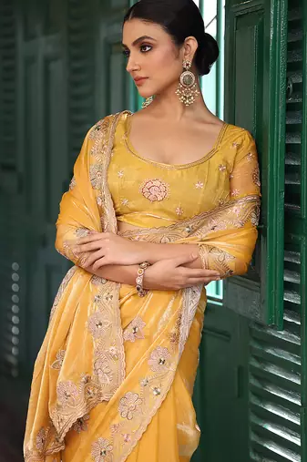 yellow embroidery work tissue ceremonial saree