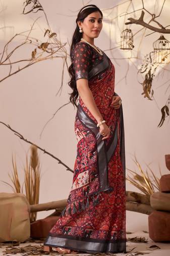 premium linen cotton saree with floral & ethnic prints & contrast patola border | matching printed blouse