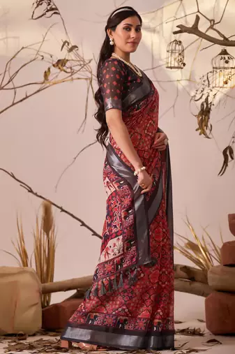 premium linen cotton saree with floral & ethnic prints & contrast patola border | matching printed blouse