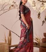 premium linen cotton saree with floral & ethnic prints & contrast patola border | matching printed blouse