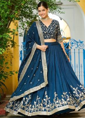 Blue Vichitra silk blend Sequins Embroidered Lehenga Choli With Dupatta 1