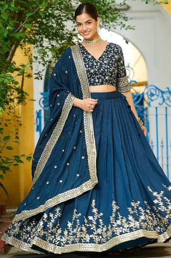 Blue Color Vichitra Silk Sequins Embroidered Lehenga Choli With Dupatta