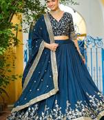 Blue Color Vichitra Silk Sequins Embroidered Lehenga Choli With Dupatta