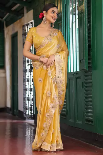 yellow embroidery work tissue ceremonial saree