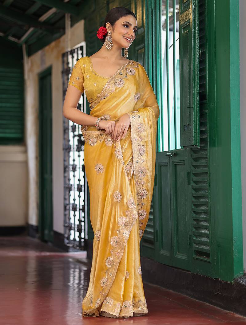 yellow color embroidery work tissue fabric beautiful ceremonial saree