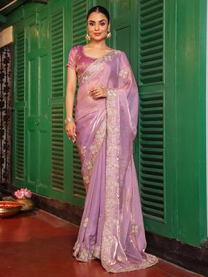 purple embroidery work tissue ceremonial saree 1