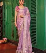 purple color embroidery work tissue fabric beautiful ceremonial saree