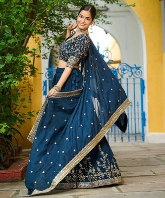 Blue Vichitra silk blend Sequins Embroidered Lehenga Choli With Dupatta 2