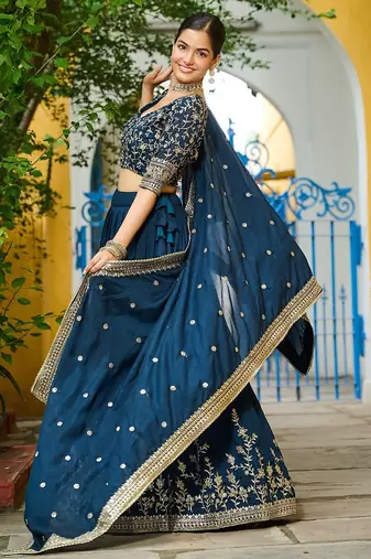 Blue Color Vichitra silk blend Sequins Embroidered Lehenga Choli With Dupatta