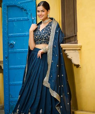 Blue Vichitra silk blend Sequins Embroidered Lehenga Choli With Dupatta 3
