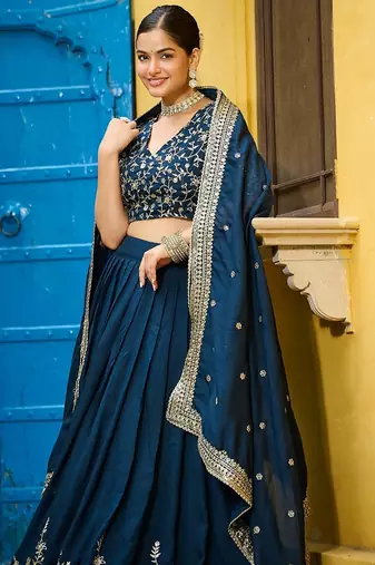Blue Color Vichitra silk blend Sequins Embroidered Lehenga Choli With Dupatta