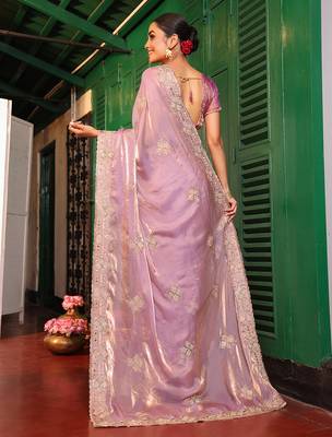 purple embroidery work tissue ceremonial saree 2