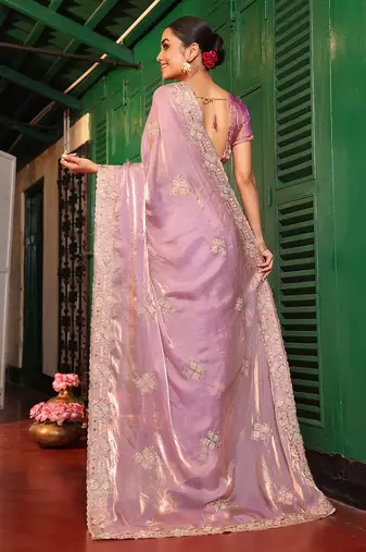purple embroidery work tissue ceremonial saree