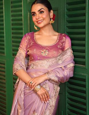 purple embroidery work tissue ceremonial saree 3